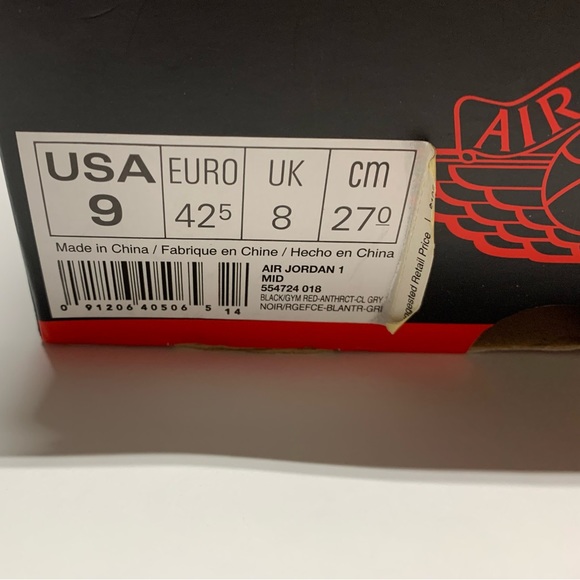 Jordan 1 Retro Mid Black Gym Red Anthracite Mens 9 - Picture 4 of 14